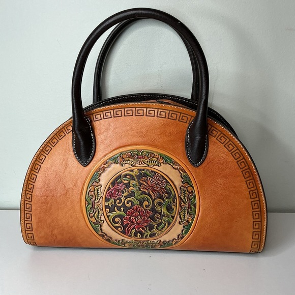 Amerileather Cognac Leather Floral Tooled Handbag Purse Embossed Boho Western - Picture 1 of 5